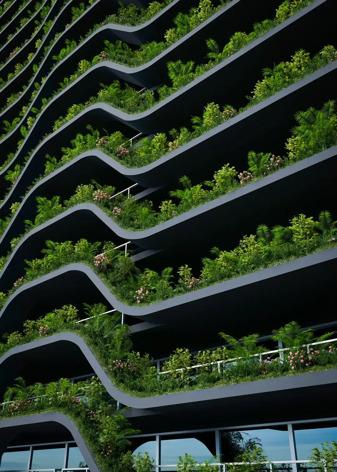 Planted terraces stepping down the face of a building